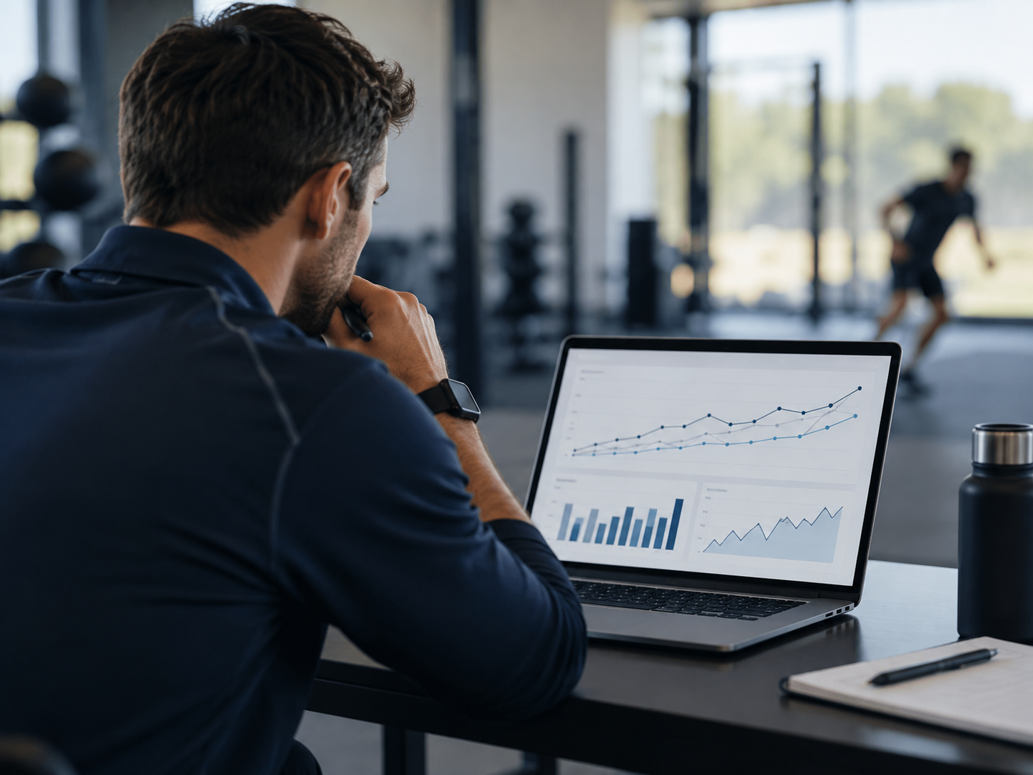 Coach analyzing athlete workload and performance trends on a laptop dashboard