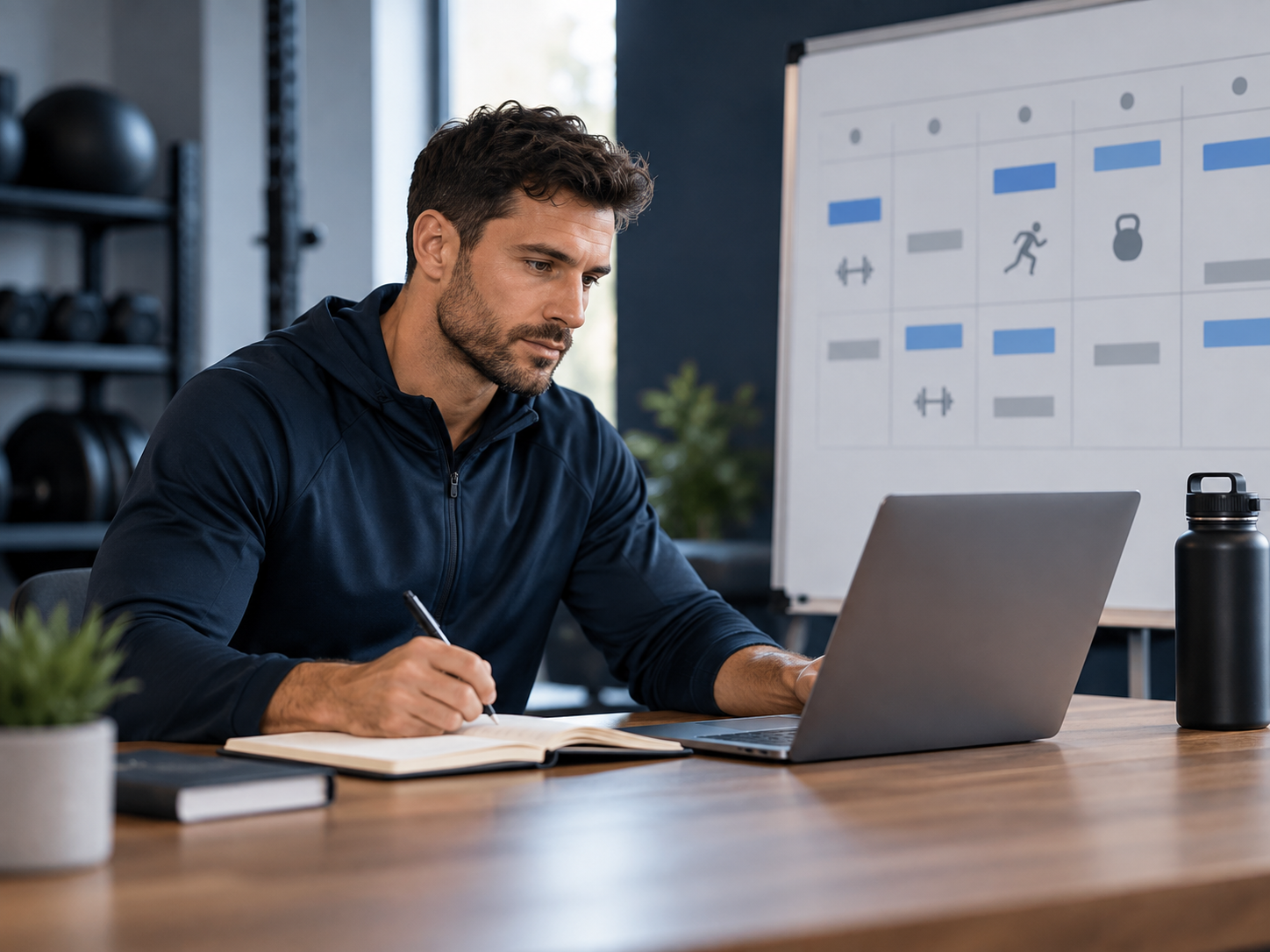 Coach building a structured athlete training plan using a laptop and workout schedule