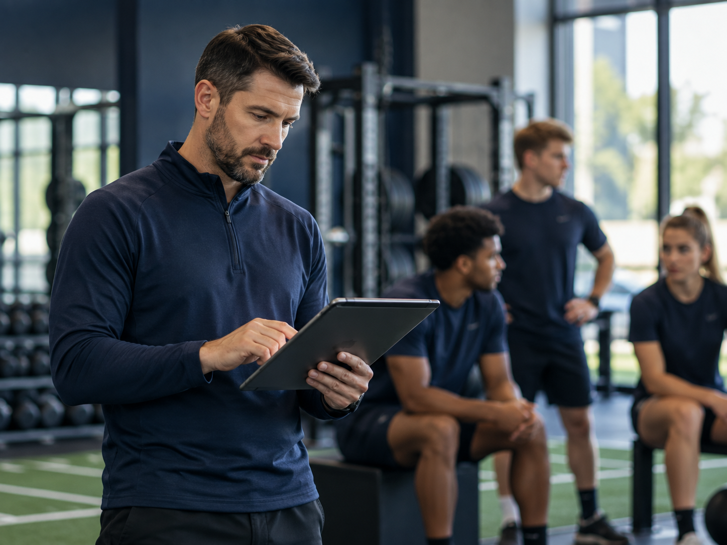 Coach managing athlete profiles and training information on a tablet in a performance facility