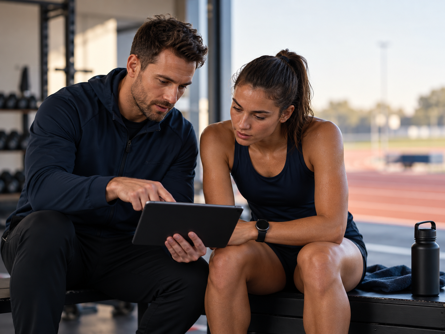 Coach reviewing completed training data with an athlete after a workout session