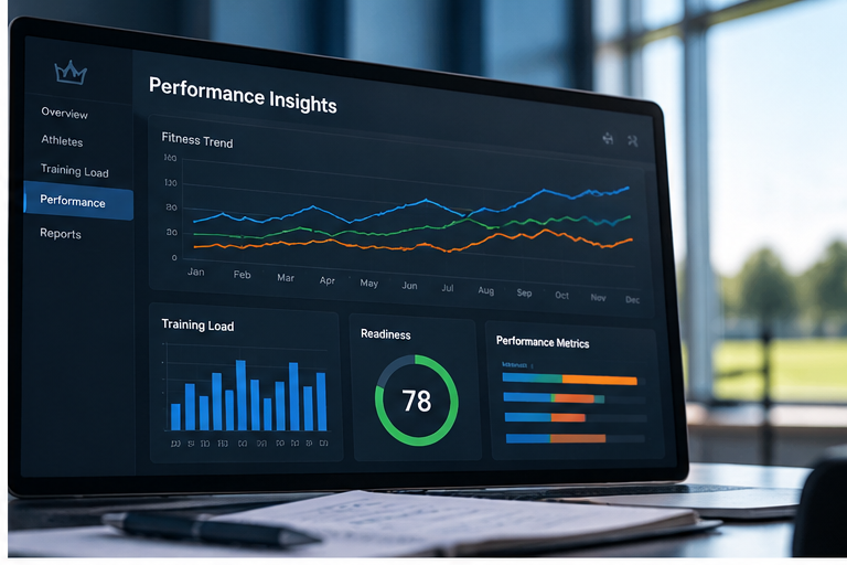 Performance analytics dashboard showing workload, readiness, trends, and athlete metrics
