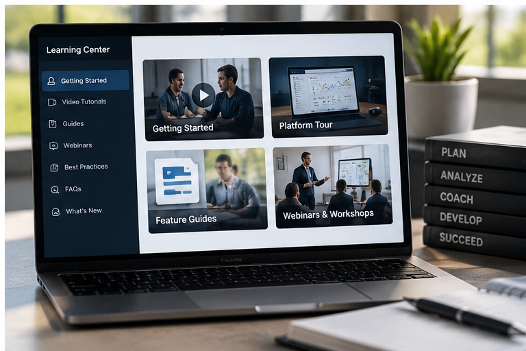 PodiumKing learning center with platform tutorials, guides, webinars, and best practices